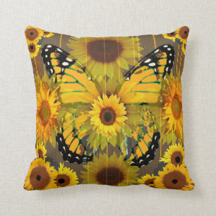 Coussin PAPILLON de MONARQUE jaune et ART de tournesol