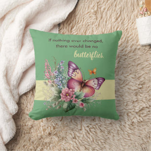 Coussin Papillon d'encouragement et fleurs sur fond vert