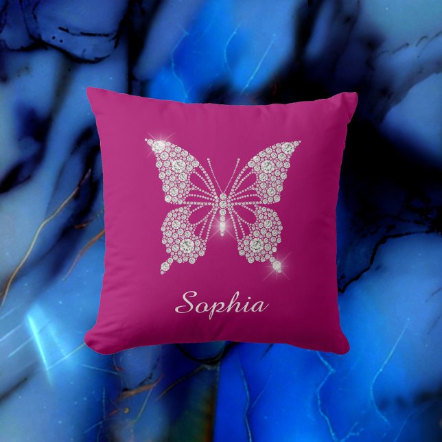 Coussin Papillon Diamant Blanc, Nom du script, Fuchsia pro (Créateur téléchargé)