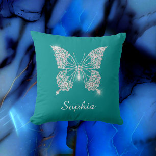 Coussin Papillon Diamant Blanc, Nom du script, Turquoise p