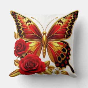 Coussin Papillon doré avec roses rouges et feuilles dorées