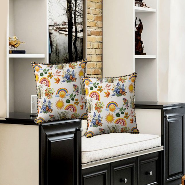 Coussin Papillon du jardin de printemps Arc en ciel Vert s (Spring Garden Butterfly Rainbow Sunshine Greenery Throw Pillow)