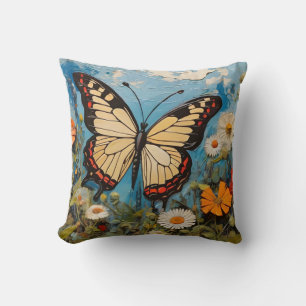 Coussin Papillon et fleurs en peinture printanière