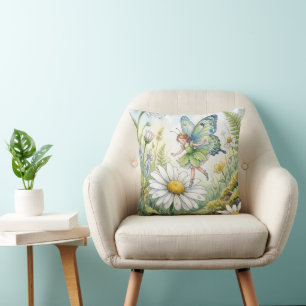 Coussin Papillon Fée Dans un Jardin de Pâquerettes