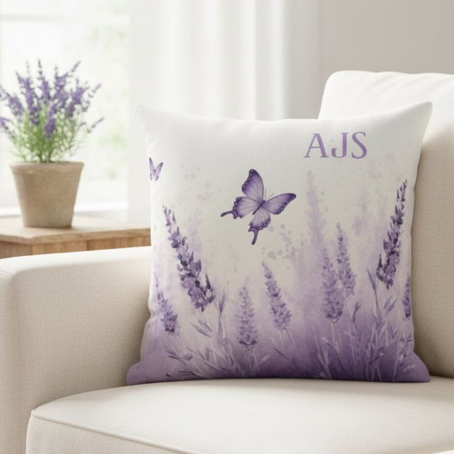 Coussin Papillon Lavande – Cadeau pour la Maison Esthétiqu (Lavender and Butterflies Decorative monogram pillow)
