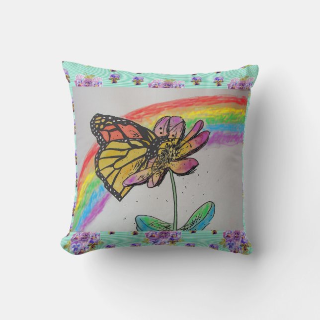 Coussin Papillon Monarque Rainbow Peinture Aqua Cushion (Recto)
