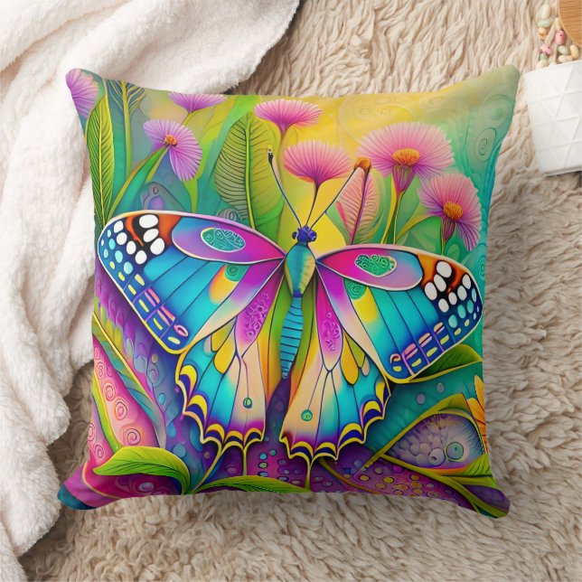 Coussin Papillon psychédélique coloré et Fleur sauvage (Couverture)