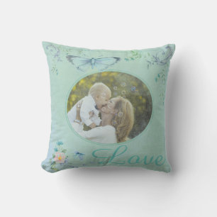 Coussin Papillon sarcelle vintage ovale personnalisé photo
