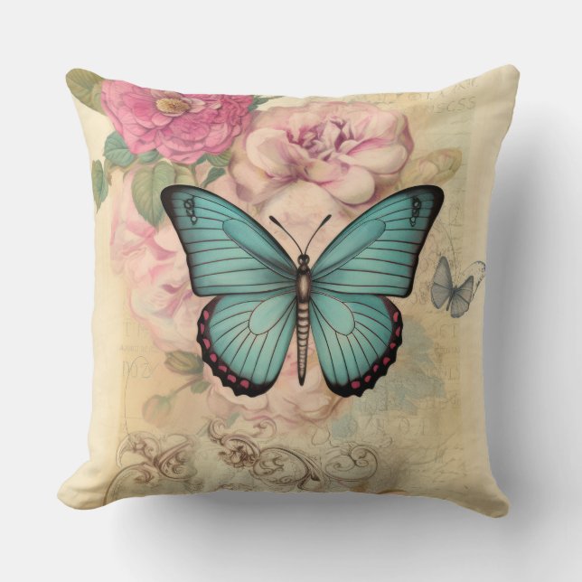 Coussin Papillon vintage et fleurs (Recto)
