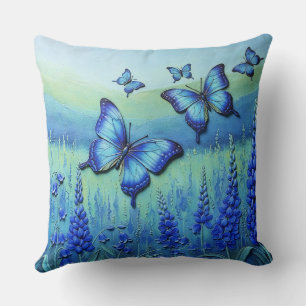 Coussin Papillons Bleus avec des Fleurs Bleues,