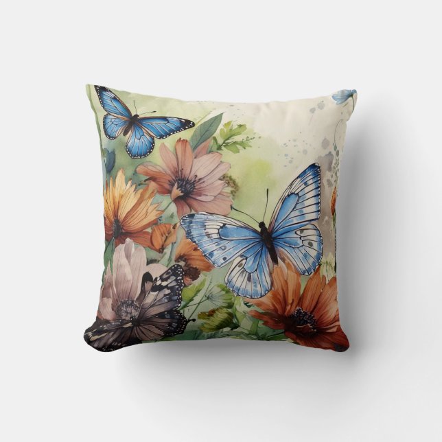Coussin Papillons bleus et Fleurs sauvages (Recto)