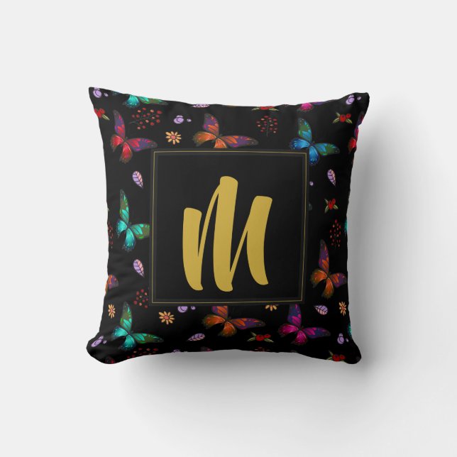 Coussin Papillons colorés Motif sur Monogramme noir (Recto)