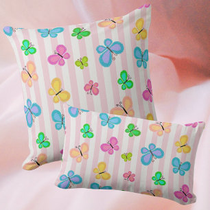 Coussin Papillons Colorés Sur Fond Rayé Rose Et Blanc