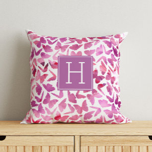 Coussin Papillons d'aquarelle violet Monogramme