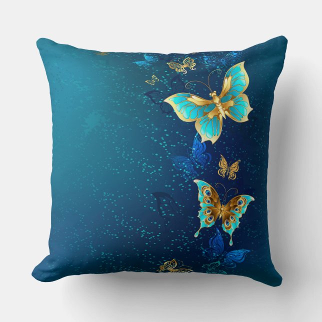 Coussin Papillons d'or sur un Arrière - plan bleu (Recto)
