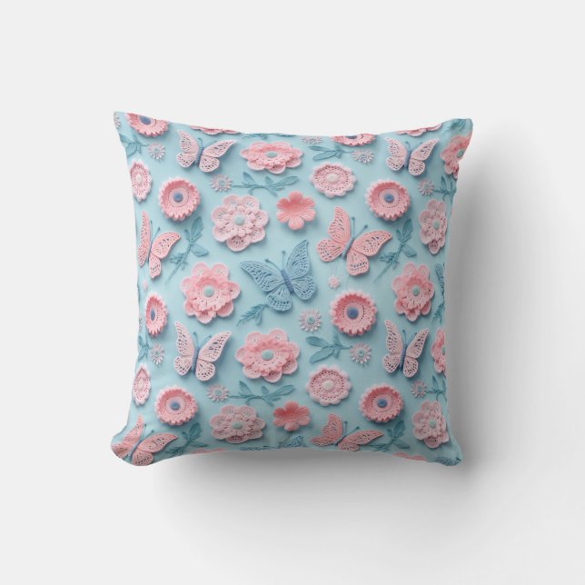 Coussin Papillons et Fleurs au Crochet Pastel (Recto)