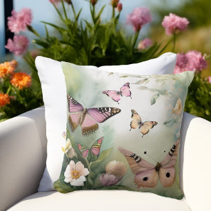 Coussin Papillons et fleurs de printemps à l'aquarelle