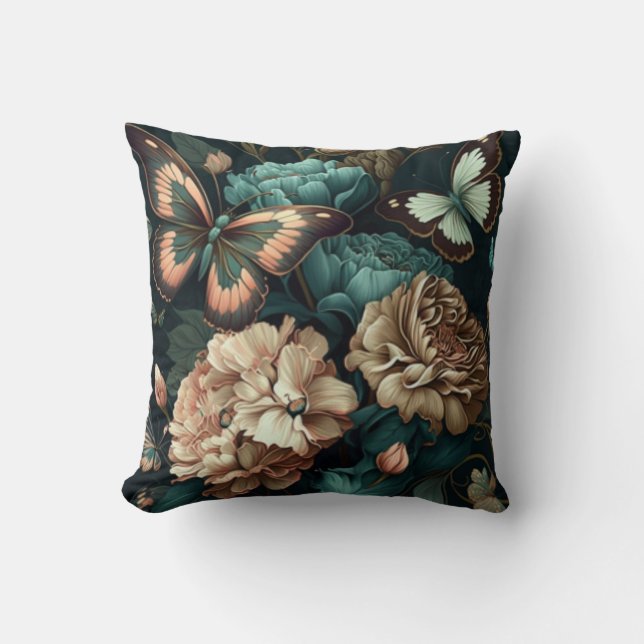 Coussin Papillons et fleurs design classique foncé (Recto)