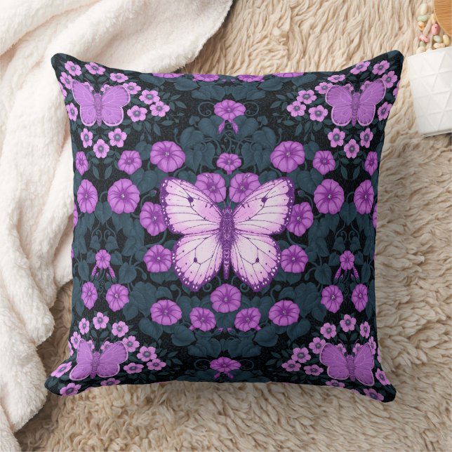 Coussin Papillons et symétrie des fleurs, violet et bleu (Couverture)