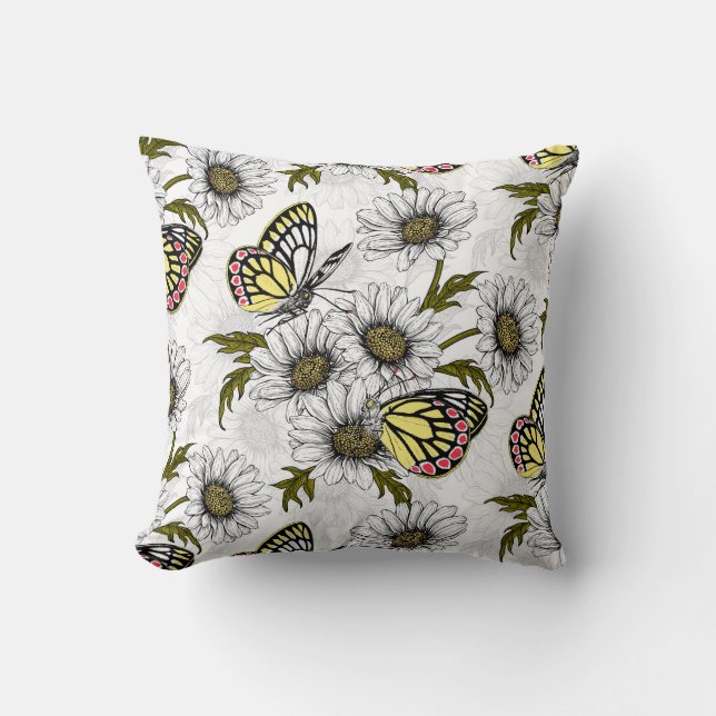 Coussin Papillons Jézabel et fleurs marguerites sur blanc (Recto)