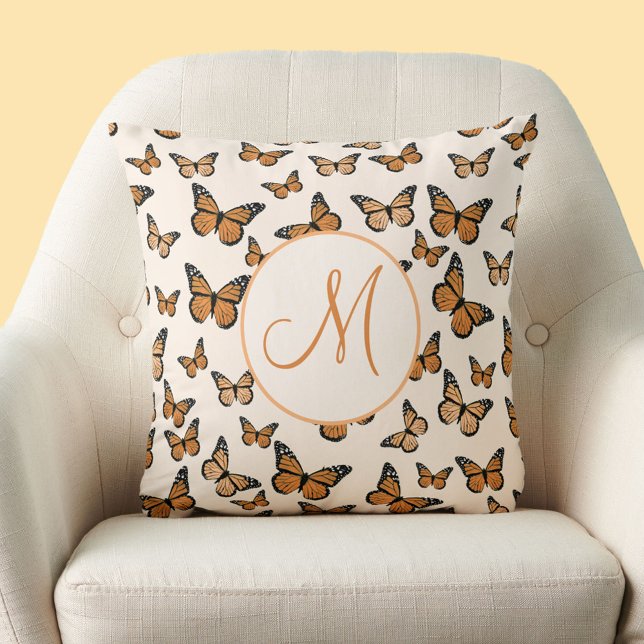 Coussin Papillons Monarques Écriture Orange Monogramme Per (Créateur téléchargé)