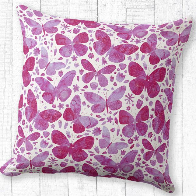 Coussin Papillons Motif Aquarelle rose (Watercolor butterfly pattern magenta pink and white throw pillow)