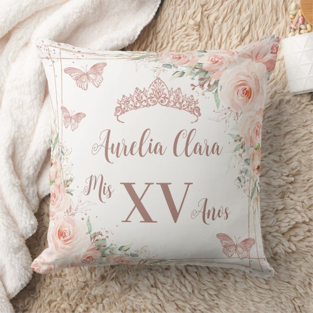 Coussin Papillons Roses d'or Quinceañera Blush Floral (Couverture)