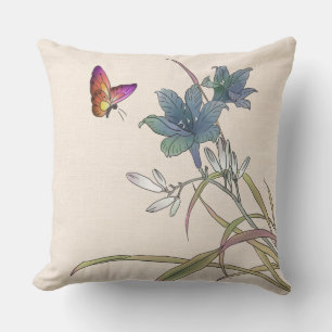Coussin Papillons rustiques et fleurs d'orchidées