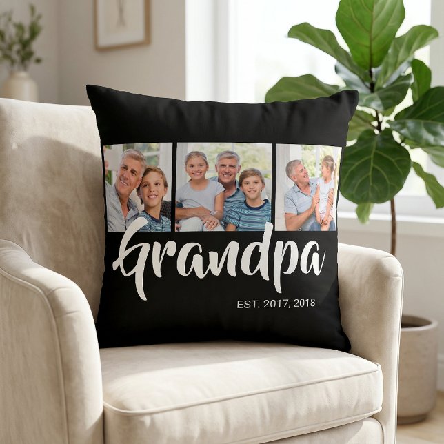 Coussin Papy a établi un script moderne noir 3 Photo (Grandpa Established Modern Script Black 3 Photo Throw Pillow)