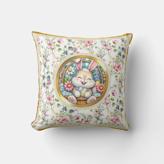 Coussin Pâques joyeuses avec du lapin mignon, des oeufs et (Recto)