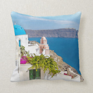 Coussin Paradis Grec. Peinture d'aquarelle de Santorini