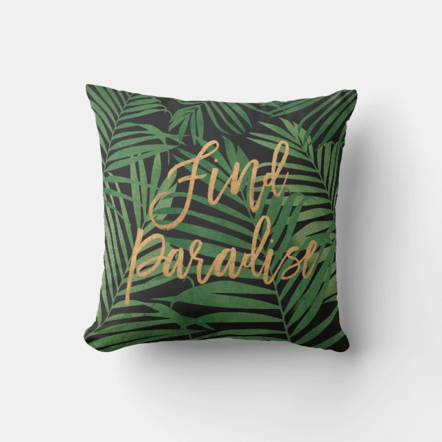 Coussin Paradis Palm Hawaï réversible - Noir et or (Recto)
