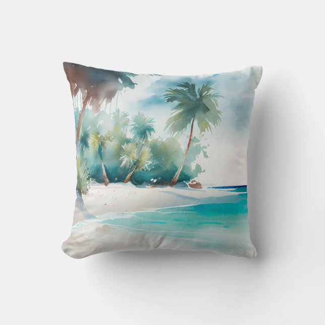 Coussin Paradis tropical avec plage de sable et palmiers (Recto)