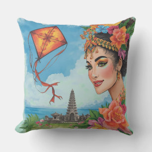 Coussin Paradis tropical, danseuse balinaise, cerf-volant,