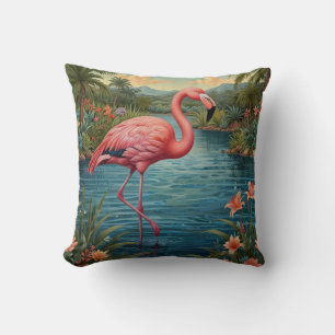 Coussin Paradis tropical flamand rose rétro