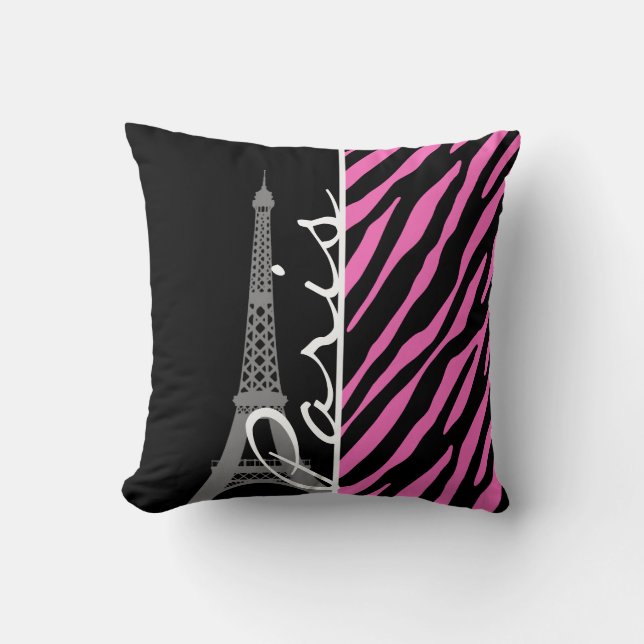 Coussin Paris ; Copie rose et noire de zèbre (Recto)
