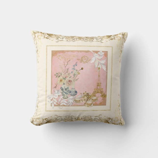 Coussin Paris Eiffel Tower Tea Floral Foliage (Recto)
