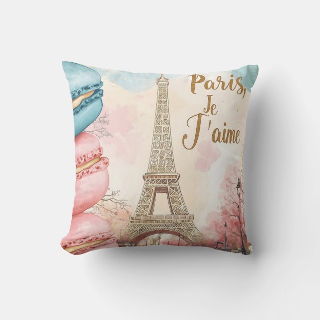 Coussin Paris, Je T'aime - Tour Eiffel avec Macarons (Recto)