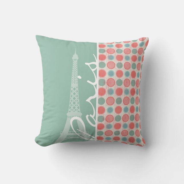 Coussin Paris ; Saumon, rose de corail, et Seafoam (Recto)