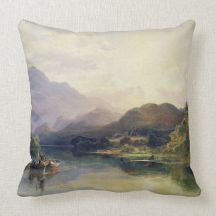 Coussin Partie de pêche au loch Achray, avec une vue de