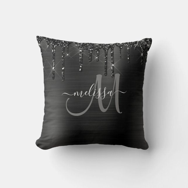 Coussin Parties scintillant à séchage noir chic Monogramme (Recto)