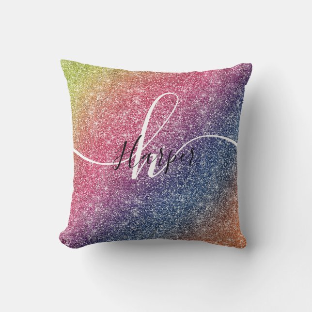 Coussin Parties scintillant arc-en-ciel Nom du monogramme  (Recto)