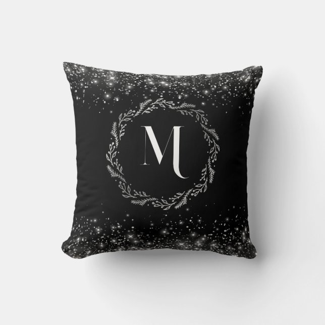 Coussin Parties scintillant Argent Et Noir Élégant Monogra (Recto)