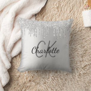 Coussin Parties scintillant argent goutte nom monogramme