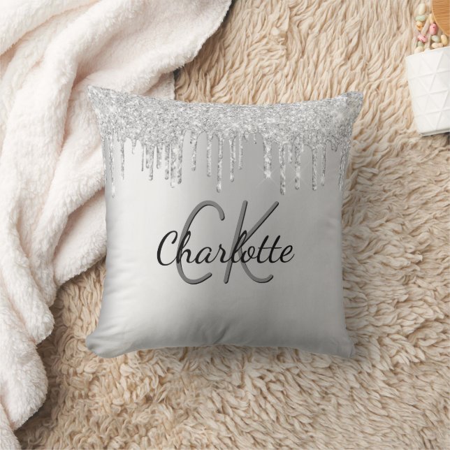 Coussin Parties scintillant argent goutte nom monogramme (Couverture)
