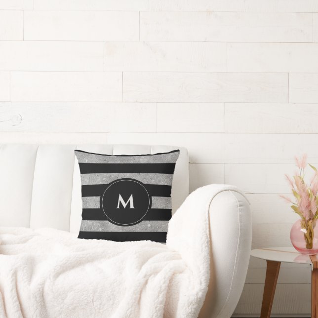 Coussin Parties scintillant d'argent noir chic rayé Monogr (Canapé)