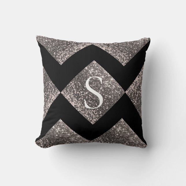 Coussin Parties scintillant d'argent Noir Monogramme Bling (Recto)
