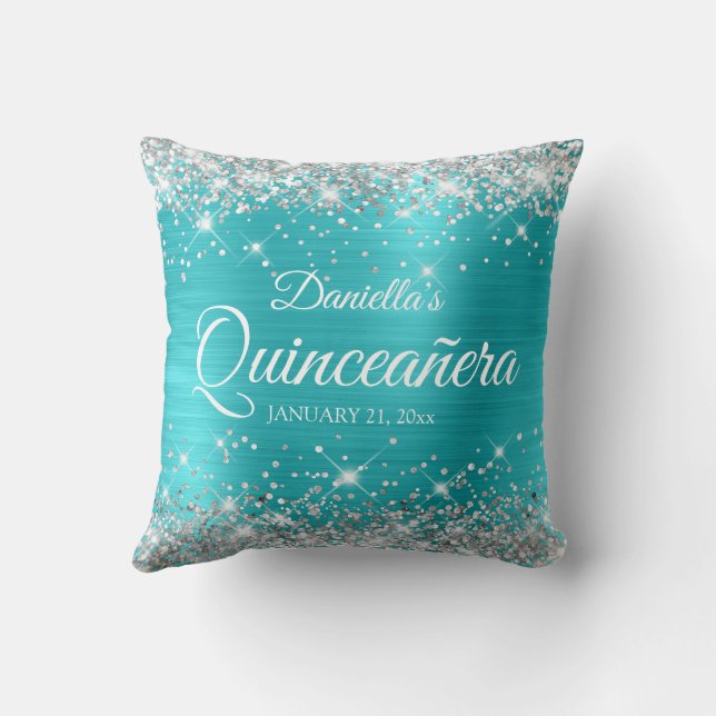 Coussin Parties scintillant d'argent Turquoise bleu Quince (Verso)