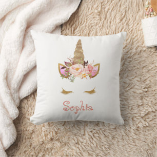 Coussin Parties scintillant d'or Unicorn Face Nom de l'enf