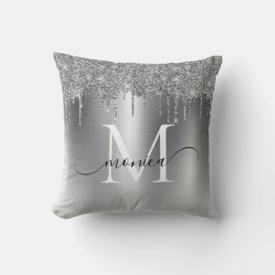 Coussin Parties scintillant en métal argenté Nom du monogr